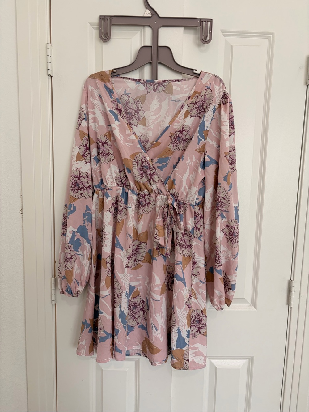 SHEIN Pink Floral Long Sleeve Wrap Dress